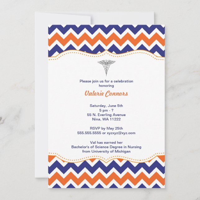 Orange and Navy Chevron Nurse Graduation Invite RN (Front)