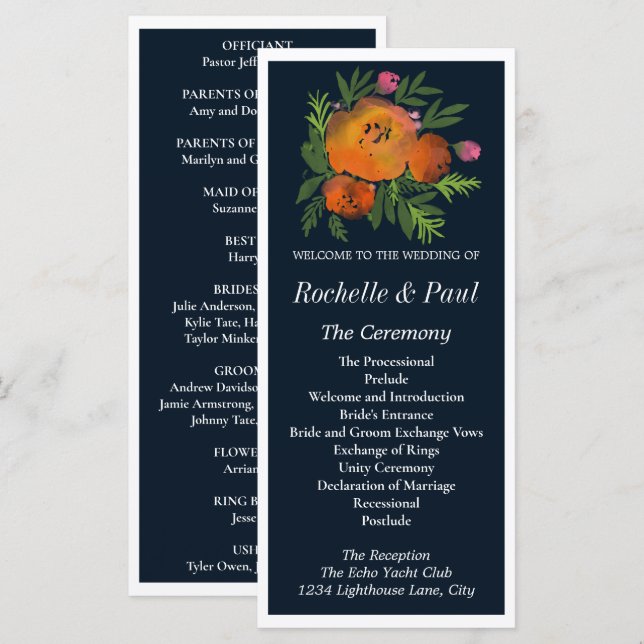 Orange and Navy Floral Modern Bold Wedding Program (Front/Back)
