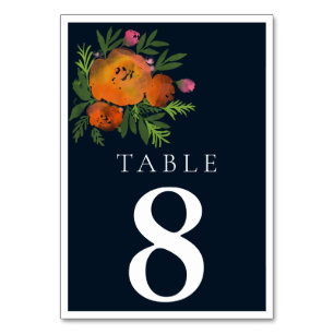 Orange and Navy Floral Modern Bold Wedding Table Number