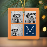 Orange and Navy Instagram Photo Collage Monogram Ceramic Ornament<br><div class="desc">Vibrant oranges and dark blue - Use 3 square photos to create a unique and personal gift. Or you can keep the hipster puppy and make a trendy keepsake. If you need to adjust the pictures,  click on the customize tool to make changes.</div>