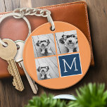 Orange and Navy Instagram Photo Collage Monogram Keychain<br><div class="desc">Vibrant oranges and dark blue - Use 3 square photos to create a unique and personal gift. Or you can keep the hipster puppy and make a trendy keepsake. If you need to adjust the pictures,  click on the customize tool to make changes.</div>