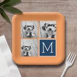 Orange and Navy Instagram Photo Collage Monogram Paper Plate<br><div class="desc">Vibrant oranges and dark blue - Use 3 square photos to create a unique and personal gift. Or you can keep the hipster puppy and make a trendy keepsake. If you need to adjust the pictures,  click on the customize tool to make changes.</div>