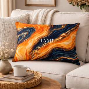 Orange and Navy Marble Abstract Name Accent Pillow