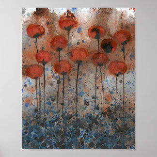Orange and Navy Poppies, Watercolor Flowers Poster