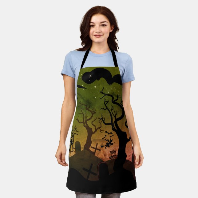 Orange and olive green haunted graveyard Halloween Apron (Worn)