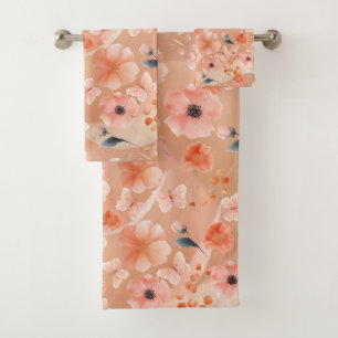 Orange and Peach Flowers and Butterflies Towel Set