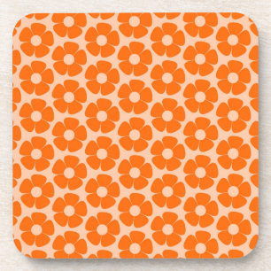 Orange and Peach Retro 60s Floral Pattern Coaster