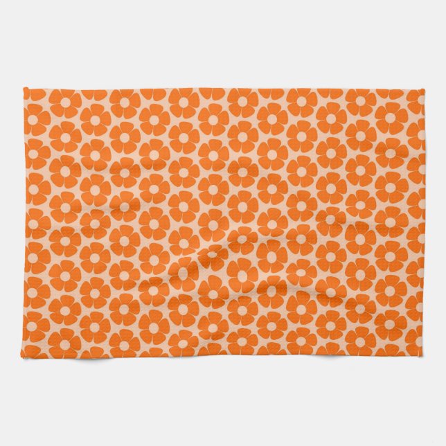 Orange and Peach Retro 60s Floral Pattern  Kitchen Towel (Horizontal)