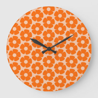 Orange and Peach Retro 60s Floral Pattern Large Clock