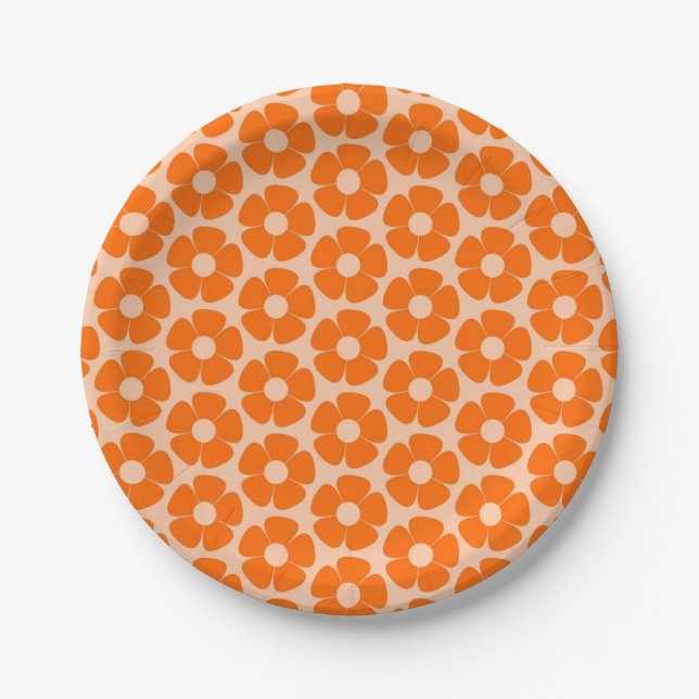 Orange and Peach Retro 60s Floral Pattern  Paper Plate (Front)