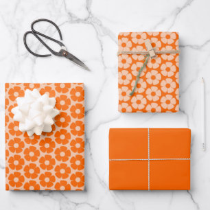 Orange and Peach Retro 60s Floral Pattern  Wrappin Wrapping Paper Sheet