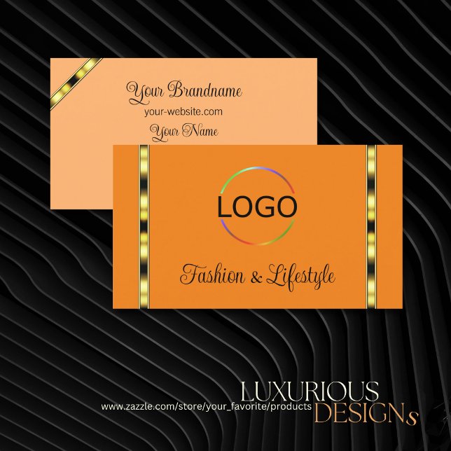 Orange and Peach with Logo Gold Ornate Stripes Business Card (Creator Uploaded)