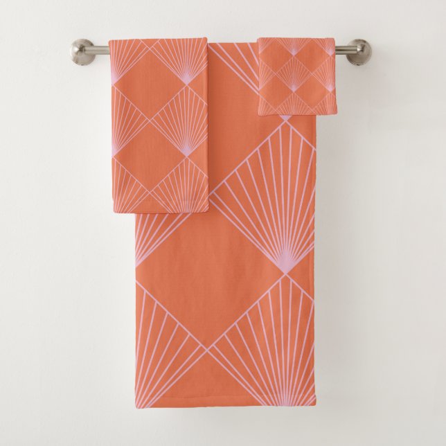 Orange and Pink Art Deco Line Pattern Bath Towel Set (Insitu)