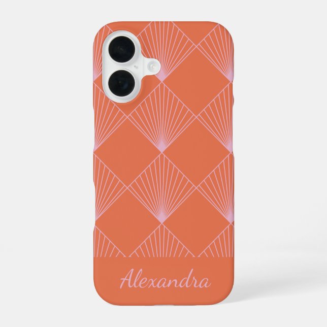 Orange and Pink Art Deco Line Pattern Personalized iPhone 16 Case (Back)