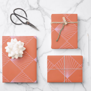 Orange and Pink Art Deco Line Pattern Wrapping Paper Sheet