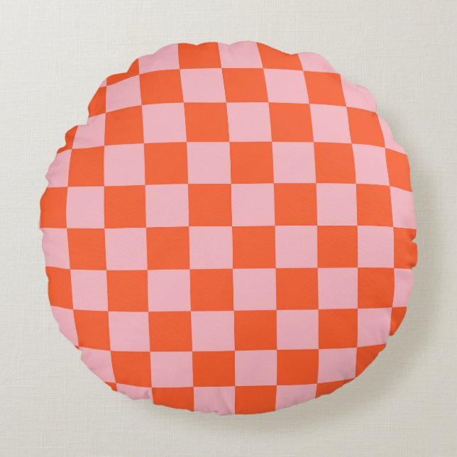 Orange and Pink Chequerboard Pattern Round Pillow (Front)