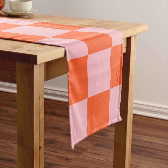 Orange and Pink Chequerboard Pattern Short Table Runner (In Situ)