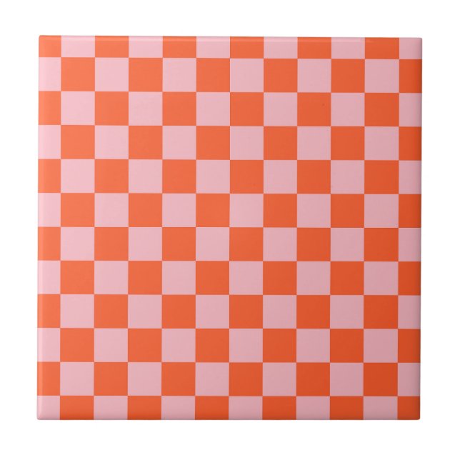 Orange and Pink Chequerboard Pattern Tile (Front)