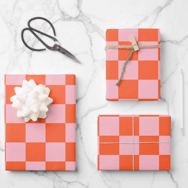 Orange and Pink Chequerboard Pattern Wrapping Paper Sheet (Front)