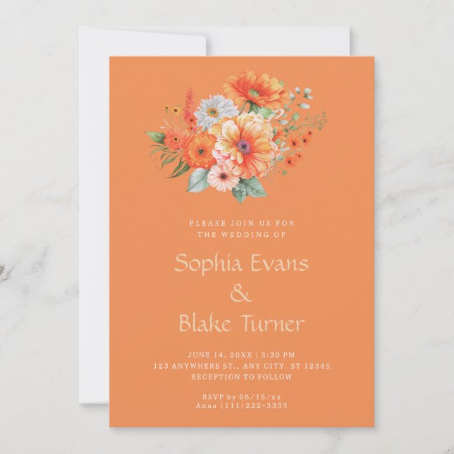 Orange And Pink Floral Bouquet Orange Wedding Invitation (Front)