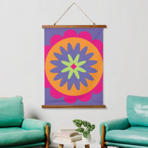 orange and pink floral shapes illustration hanging tapestry
