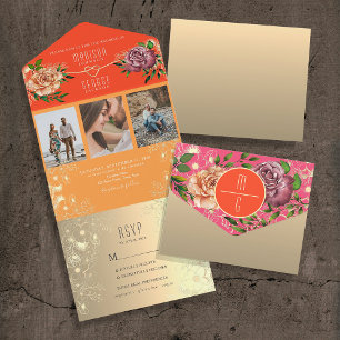 Orange and Pink Floral Wedding All In One Invitation