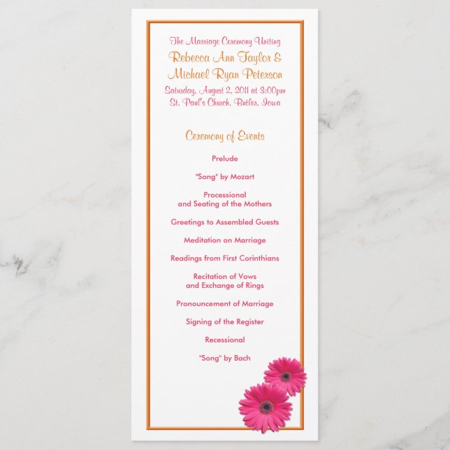 Orange and Pink Gerbera Daisy Wedding Program (Front)