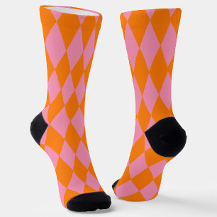 Orange and Pink Harlequin Checkered Design  Socks
