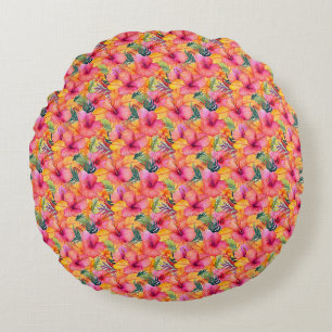 Orange and Pink Hibiscus Flower with Green Leaves Round Pillow