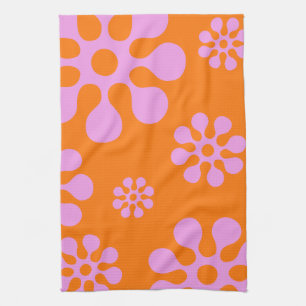 Orange And Pink Retro Flowers Kitchen Towel