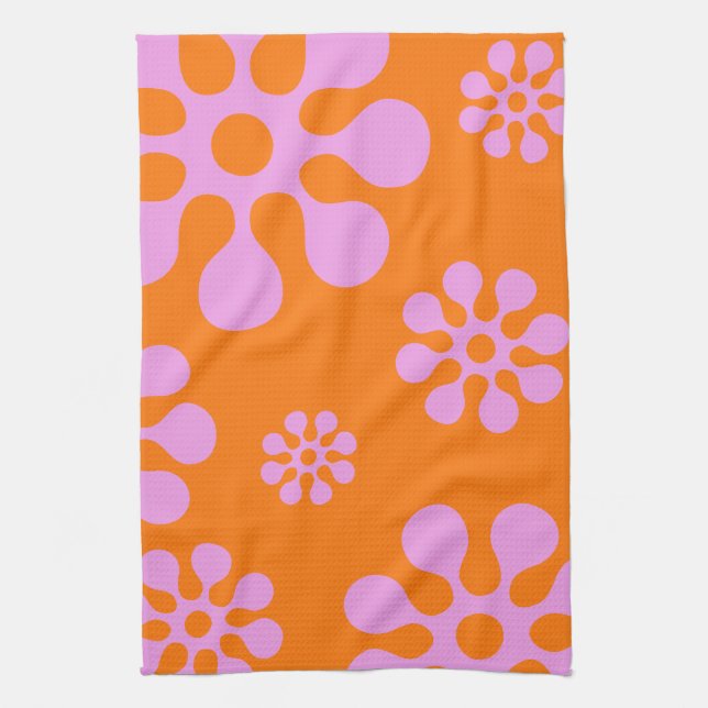 Orange And Pink Retro Flowers Kitchen Towel (Vertical)