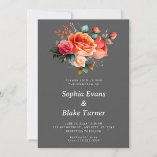 Orange and Pink Roses Grey Floral Wedding Invitation