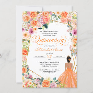 Orange and Pink Roses Peach Floral Quinceanera Inv Invitation