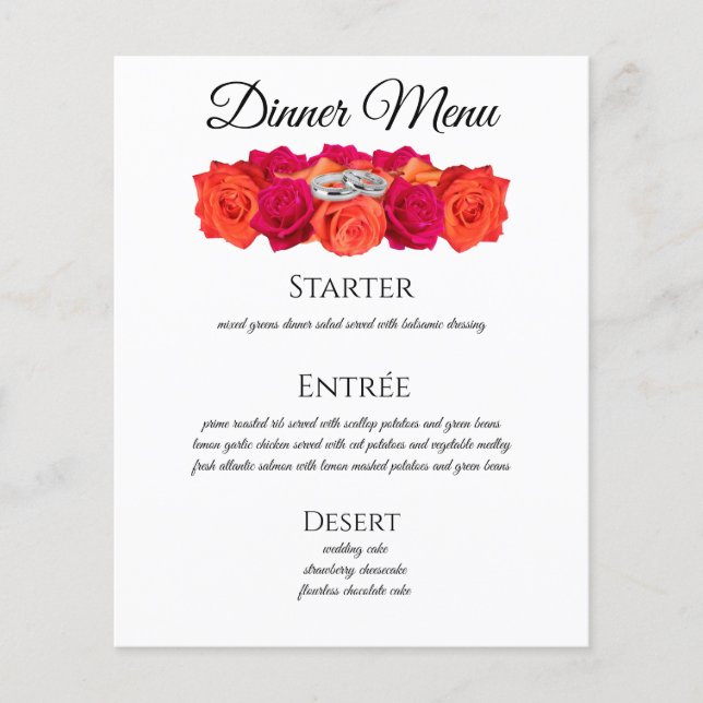 Orange and Pink-Roses-Wedding Drink- Dinner Menu- (Front)