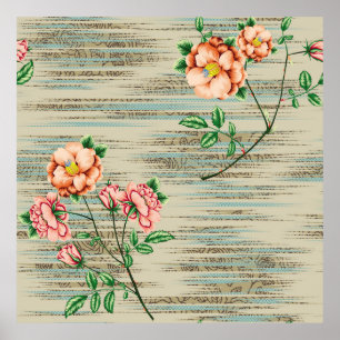 Orange and pink vintage flowers with green leaves  poster
