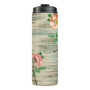 Orange and pink vintage flowers with green leaves thermal tumbler
