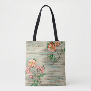 Orange and pink vintage flowers with green leaves tote bag