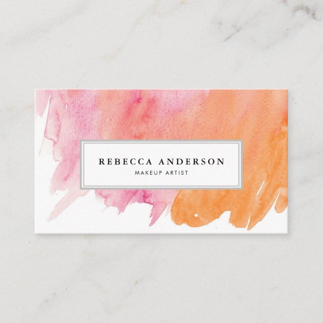 Orange and Pink Watercolor Abstract Business Card (Front)