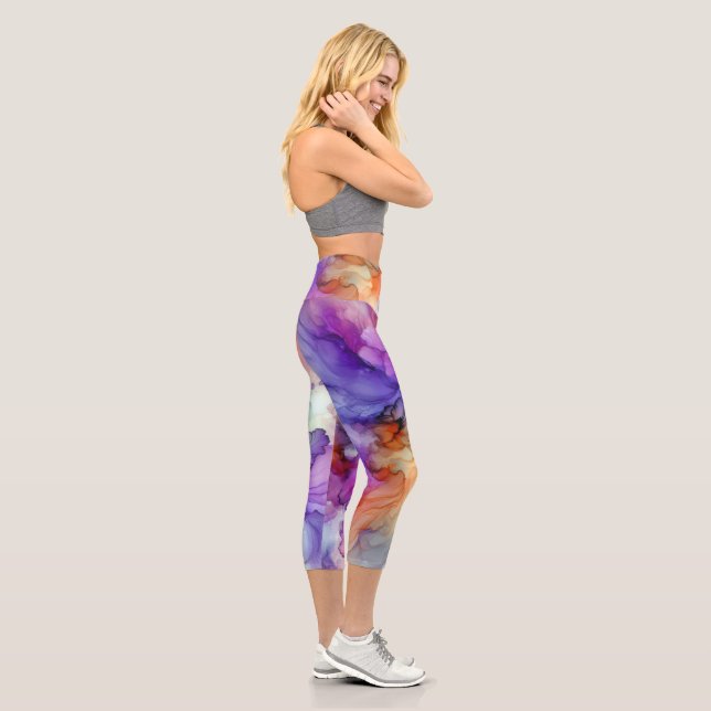 Orange and Purple Alcohol Ink Abstract Capri Leggings (Right)