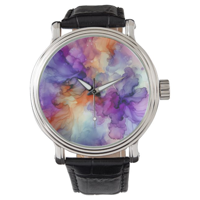 Orange and Purple Alcohol Ink Abstract Watch (Front)