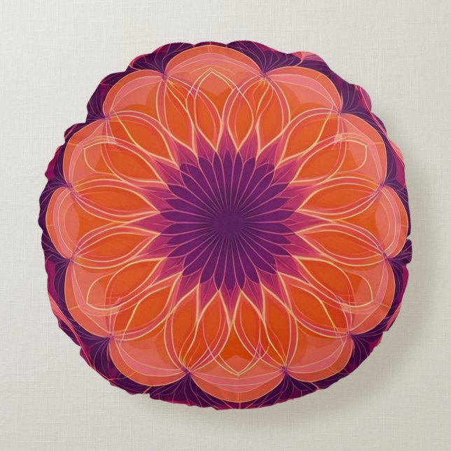 Orange and Purple floral Kaleidoscope Round Pillow (Front)