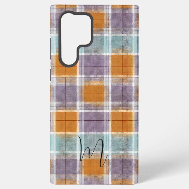 Orange and Purple Plaid Pattern Monogram Samsung Galaxy S22 Ultra Case (Back)