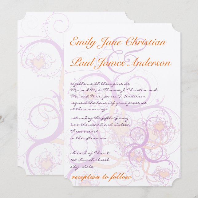 Orange and Purple Swirls and Hearts  Wedding Invitation (Front/Back)
