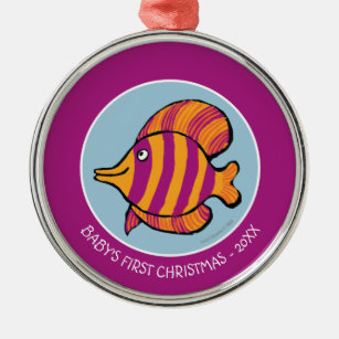 Orange and Purple Tropical Fish with Seahorses Metal Ornament