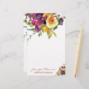 Orange and purple watercolor flowers personalized stationery