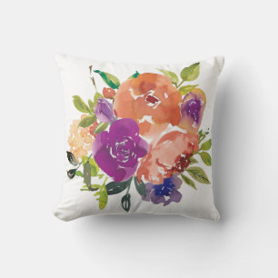 Orange and purple watercolor flowers throw pillow