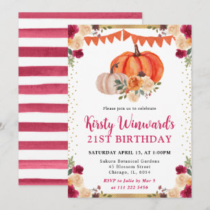 Orange and Red Floral Pumpkin Fall 21st Birthday Invitation