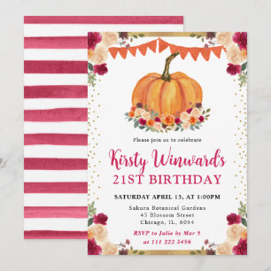 Orange and Red Floral Pumpkin Fall 21st Birthday Invitation