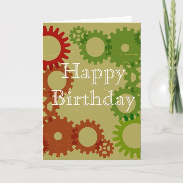 Orange and red gear background, HappyBirthday Card (Front)
