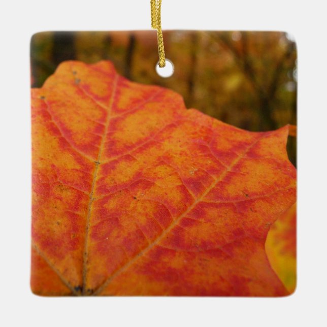 Orange and Red Maple Leaf Abstract Autumn Nature Ceramic Ornament (Front)